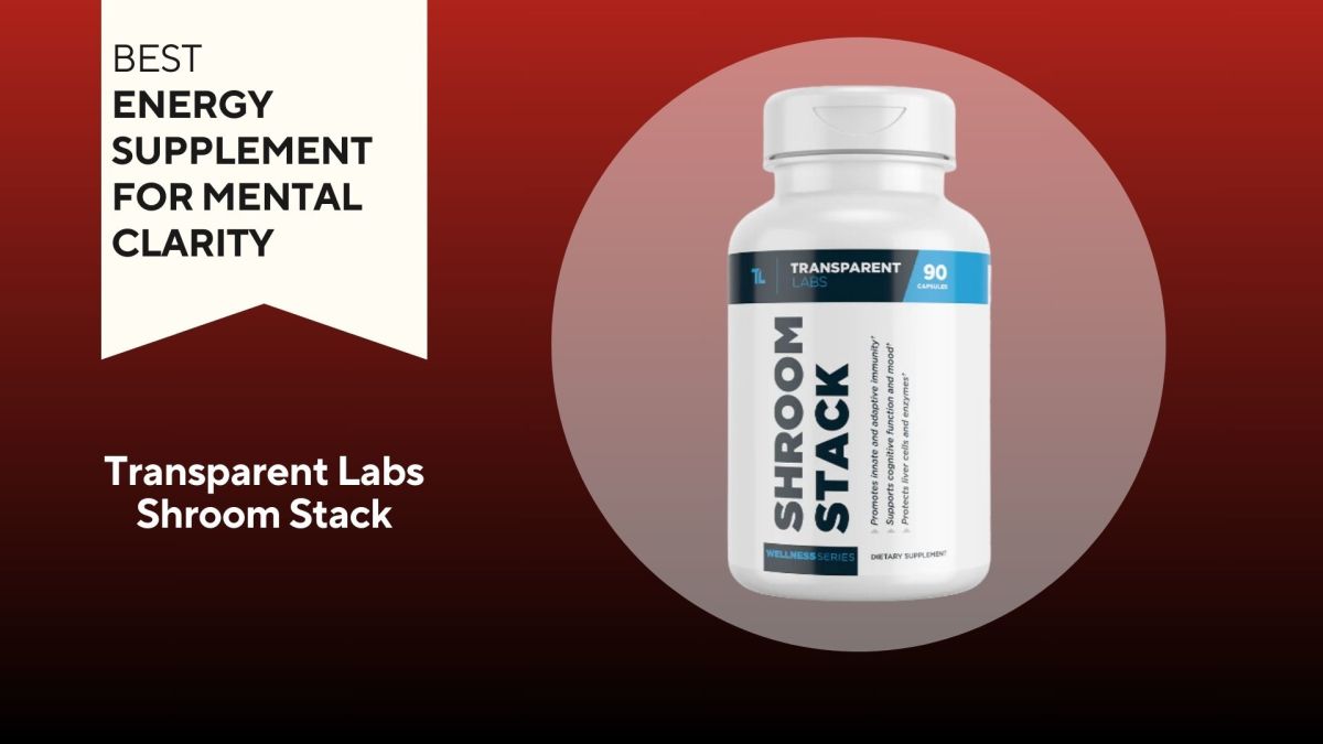 White pill bottle with blue writing that says "SHROOM STACK" against a red background
